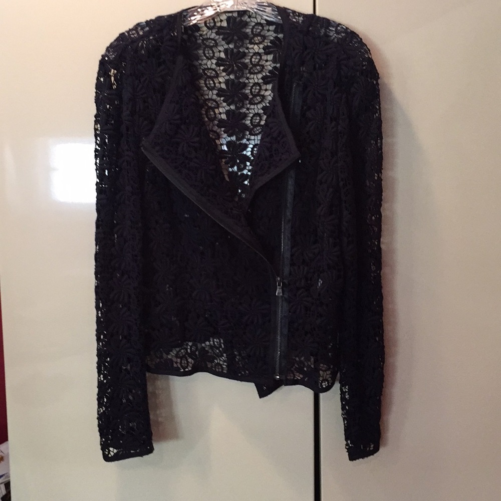 Tahari navy lace motorcycle jacket